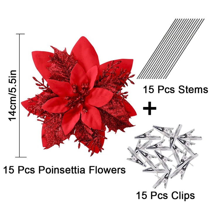 15 Red Glitter Poinsettia Christmas Ornaments with Clips