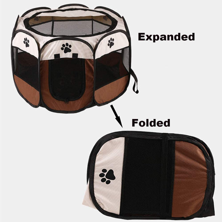 MYKOMI Portable Foldable Pet Playpen + Carrying Bag+Travel Bowl Available Exercise Pet Kennel Indoor/Outdoor Removable Mesh Shade Cover Water Resistant for Dogs/Cats Pink M(35x35x24in)