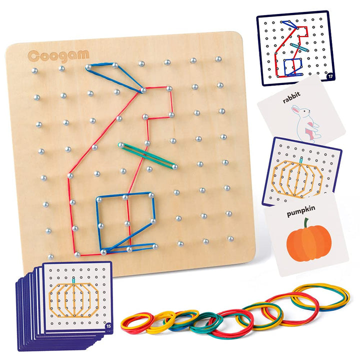 Coogam Wooden Geoboard Mathematical Manipulative Material Array Block Geo Board – Graphical Educational Toys with 30Pcs Pattern Cards and Latex Bands Shape STEM Puzzle Matrix 8x8 Brain Teaser for Kid