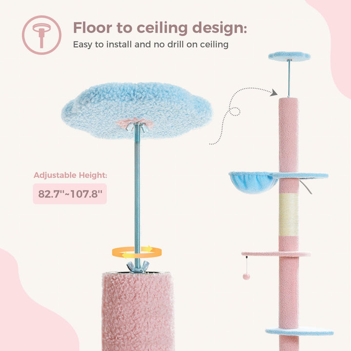 PAWZ Road Flower Cat Tree Floor to Ceiling with Height Adjustable 216cm to 273cm, Cat Tower with Spacious Activity Space