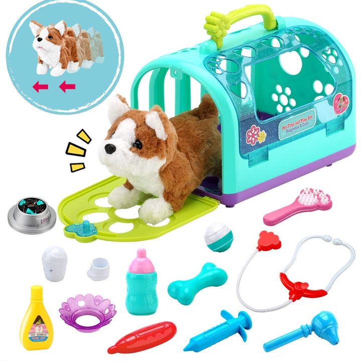 Sotodik 15PCS Electronic Vet Set for Kids,Walk and Bark Little Dog Pretend Play Doctor Playset Pet Care Roleplay Early Educational Toys for Boys Grils Toddler 2 3 4 5 6 Years Old Gift
