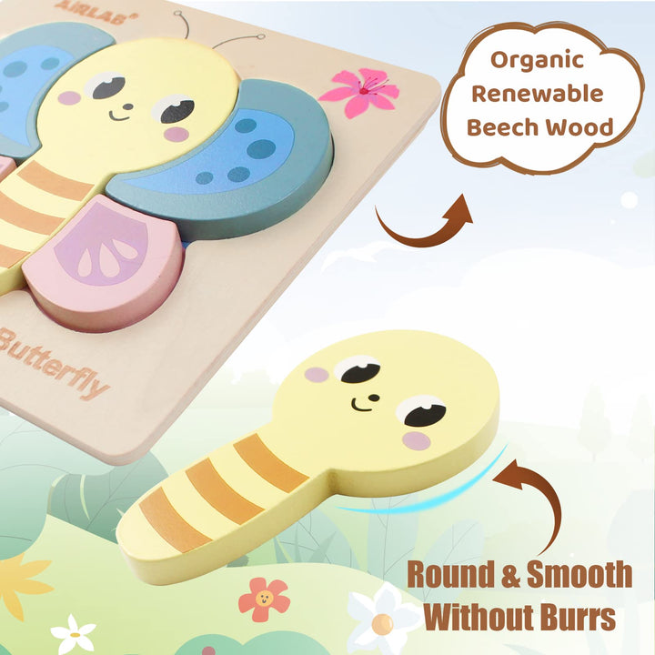 Airlab Wooden Jigsaw Puzzle for Kids, Garden Animals Chunky Shape Puzzles for Toddlers Over 1 2 3 Year Olds