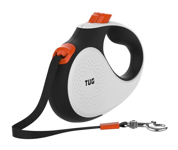 TUG 360° Tangle-Free Retractable Dog Lead for Up to 25 kg Dogs | 5 m Strong Nylon Tape/Ribbon | One-Handed Brake, Pause, Lock (Medium, White/Orange)