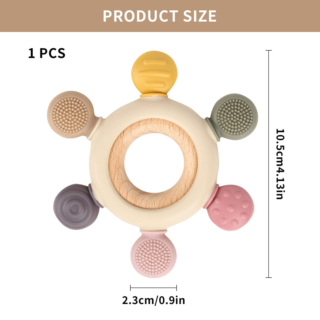 Baby Teether Silicone Teething Toys for Baby 3 Months with Wooden Ring BPA Free Baby Teething Ring Rudder