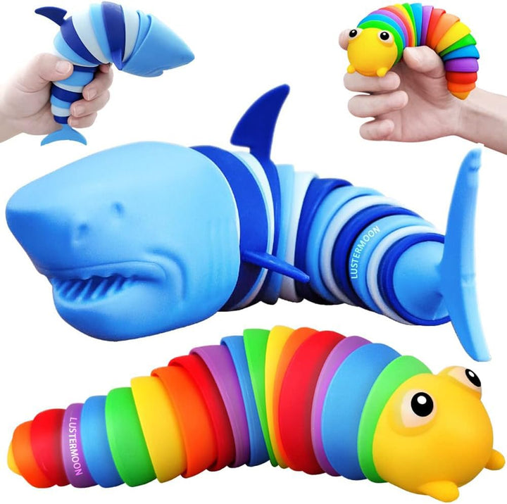 LUSTERMOON 2 Pieces Articulated Fidget Toy, Rainbow Caterpillar Toy Ocean Shark Decompression Toys,