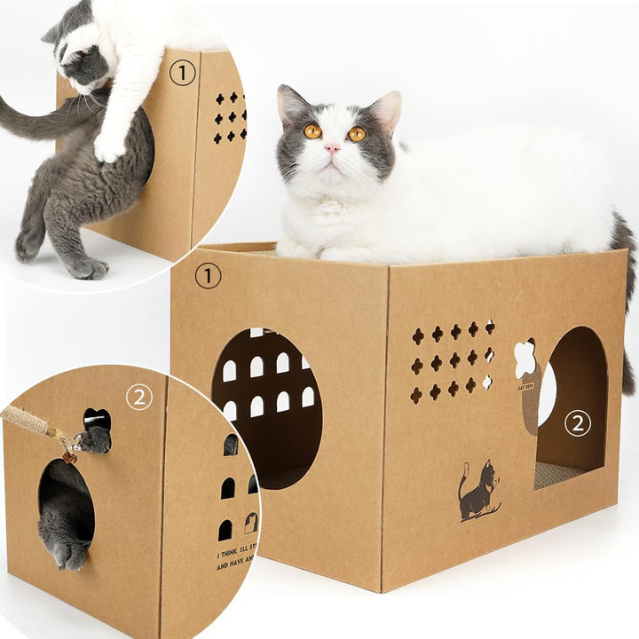 Cat Cardboard House with 2 PCS Scratching Pads，Large Cat Cardboard Scratcher for Indoor Cats with Corrugated Board Detachable Cat Scratcher Box for Cats (Cactus)