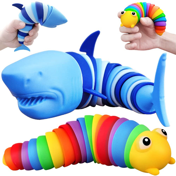 LUSTERMOON 2 Pieces Articulated Fidget Toy, Rainbow Caterpillar Toy Ocean Shark Decompression Toys,