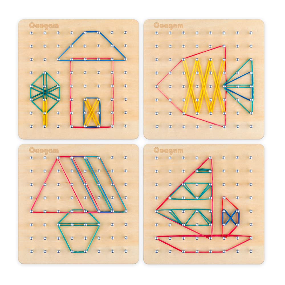 Coogam Wooden Geoboard Mathematical Manipulative Material Array Block Geo Board – Graphical Educational Toys with 30Pcs Pattern Cards and Latex Bands Shape STEM Puzzle Matrix 8x8 Brain Teaser for Kid