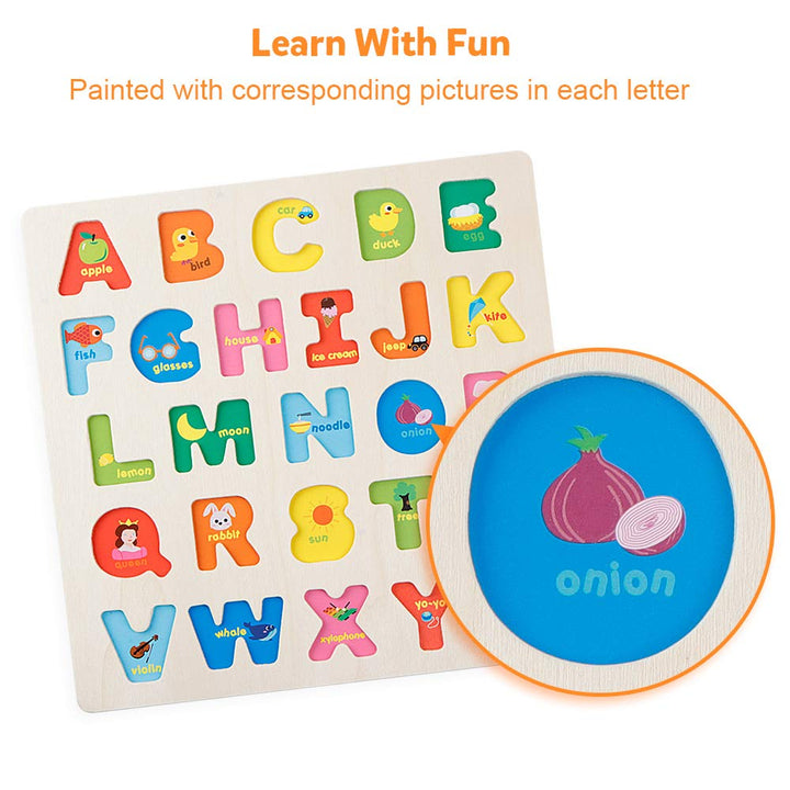 Wooden Alphabet Puzzle ABC Letters Peg Board Knob Montessori Jigsaw Blocks Early Learning Educational Toy Gift for 1 2 3 Year Old Toddler Baby Kids