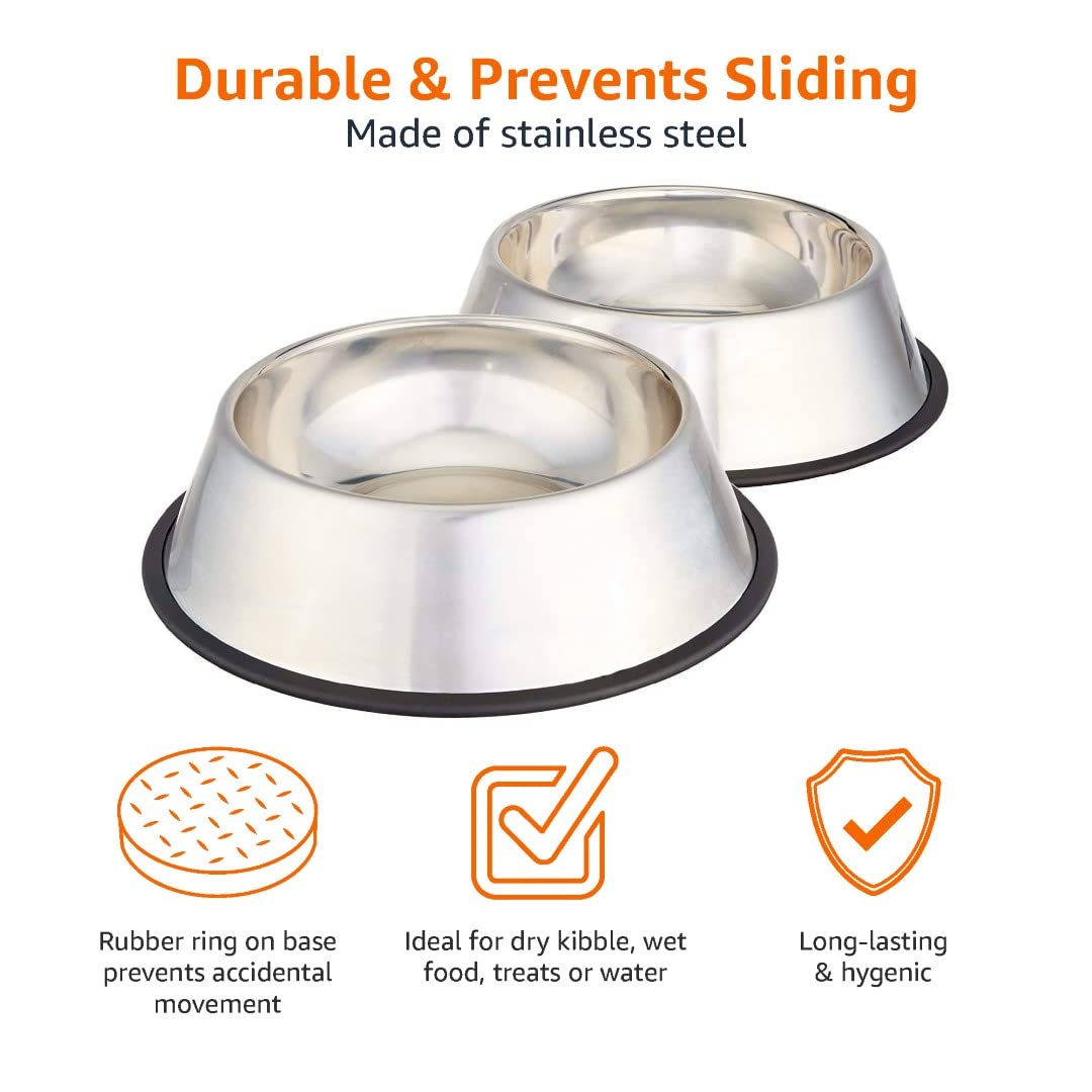 Amazon Basics Dog Bowls for Food and Water, Stainless Steel, 2 Count, Silver