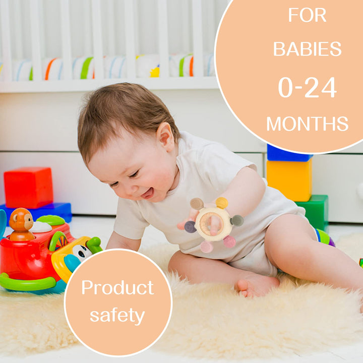 Baby Teether Silicone Teething Toys for Baby 3 Months with Wooden Ring BPA Free Baby Teething Ring Rudder
