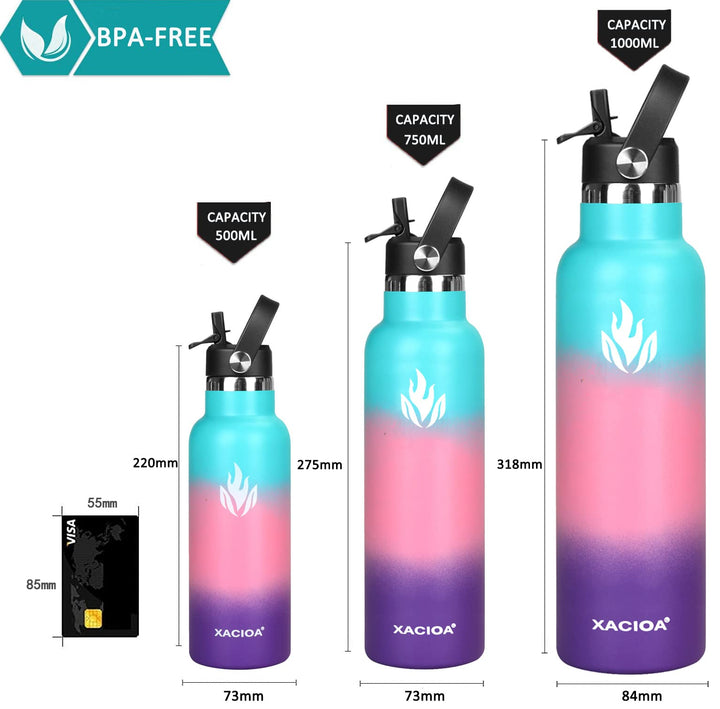 XACIOA Water Bottle Stainless Steel with Straw -for Hot/Cold Drinks 500/750/1000ml Vacuum Insulated Flask Leak Proof Drink Bottle,BPA Free - with 2 Replacement Lid and Straw Brush
