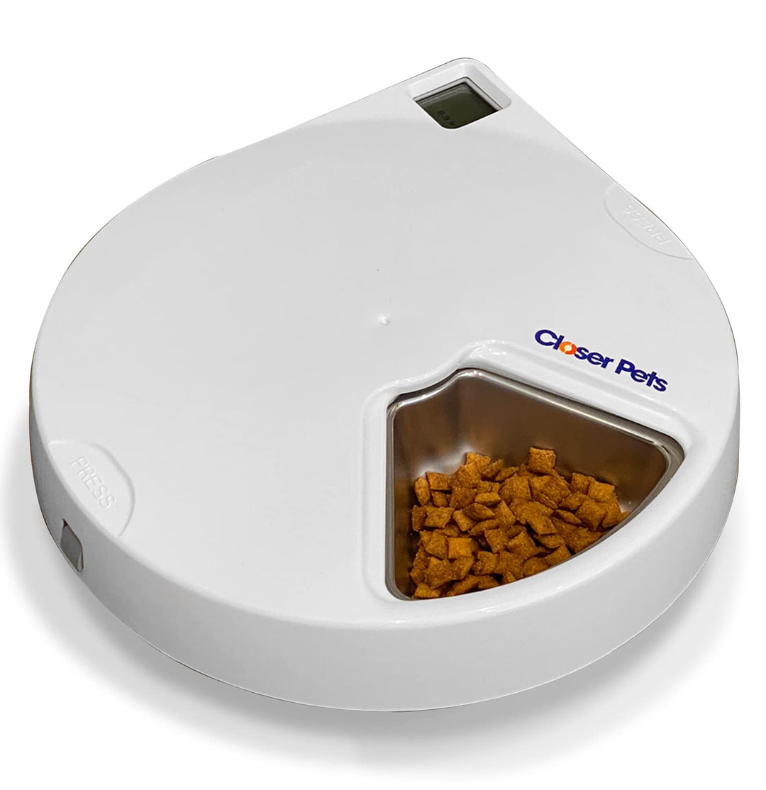 Closer Pets Automatic Pet Feeder | Cat or Small Dog Bowl with Digital Timer | For Wet or Dry Pet Food, up to 330g in Each (formerly Cat Mate) (5 Meal Feeder Stainless Steel Bowl)