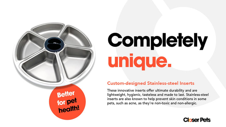 Closer Pets Automatic Pet Feeder | Cat or Small Dog Bowl with Digital Timer | For Wet or Dry Pet Food, up to 330g in Each (formerly Cat Mate) (5 Meal Feeder Stainless Steel Bowl)