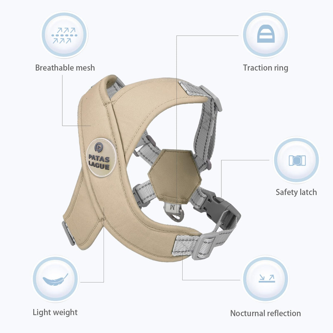 Patas Lague Dog Harness with Leash Adjustable Soft Padded Step-in Dog Vest No Choke No Pull Reflective for Small Medium Dogs with Poop Bags and Dispenser, Solid and No-chew, Brown S