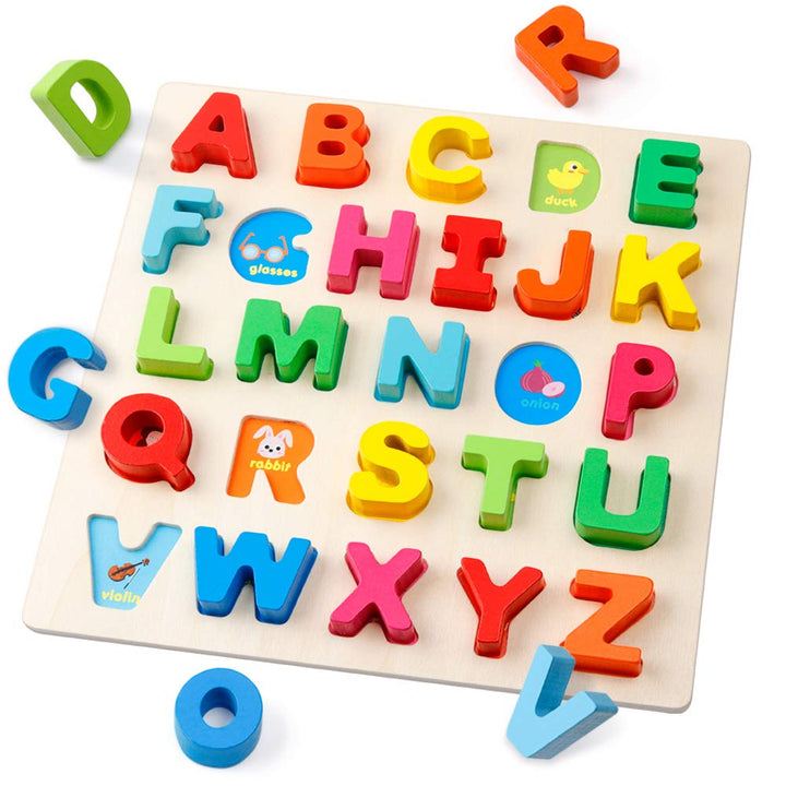 Wooden Alphabet Puzzle ABC Letters Peg Board Knob Montessori Jigsaw Blocks Early Learning Educational Toy Gift for 1 2 3 Year Old Toddler Baby Kids