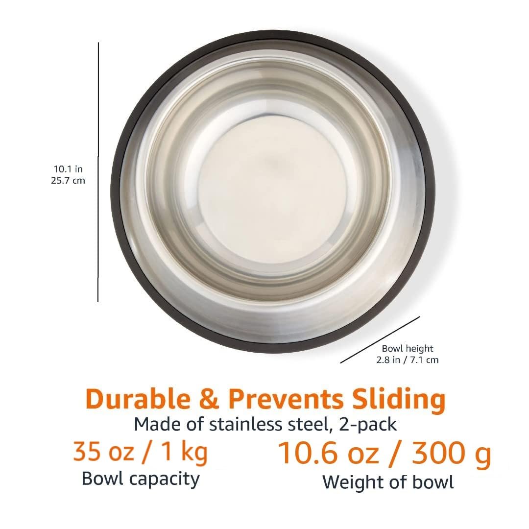 Amazon Basics Dog Bowls for Food and Water, Stainless Steel, 2 Count, Silver