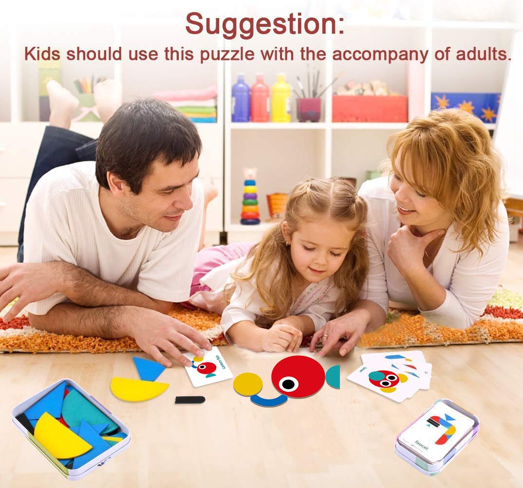 Wooden Jigsaw Puzzle, 36 Pcs Shape Puzzles + 60 Pcs Image Cards Kids Puzzle Set Montessori Educational Toys