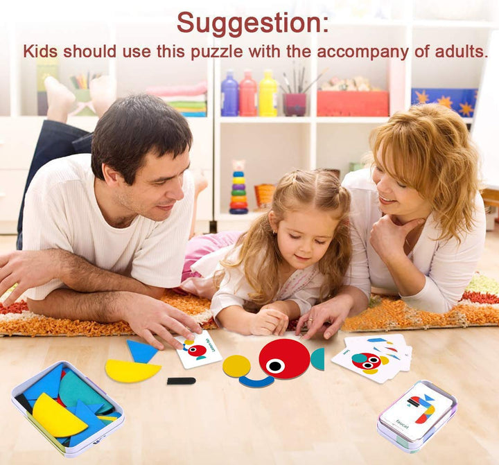 Wooden Jigsaw Puzzle, 36 Pcs Shape Puzzles + 60 Pcs Image Cards Kids Puzzle Set Montessori Educational Toys