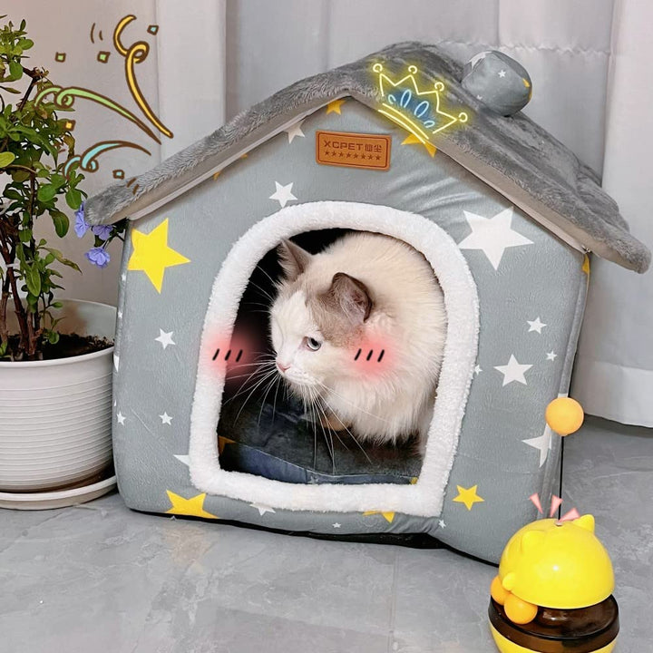 Foldable Dog House Kennel Bed Mat for Indoor Pets,Enclosed Warm Plush Sleeping Nest Bed with Removable Cushion