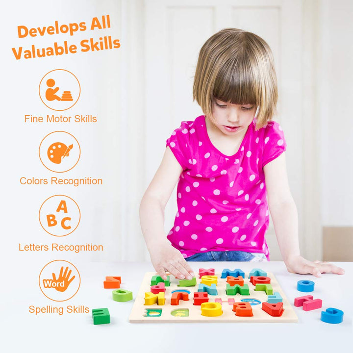 Wooden Alphabet Puzzle ABC Letters Peg Board Knob Montessori Jigsaw Blocks Early Learning Educational Toy Gift for 1 2 3 Year Old Toddler Baby Kids