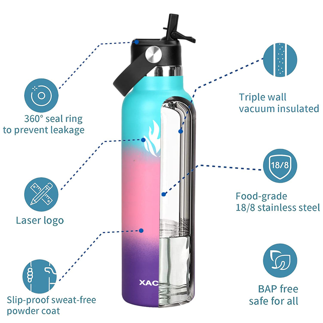 XACIOA Water Bottle Stainless Steel with Straw -for Hot/Cold Drinks 500/750/1000ml Vacuum Insulated Flask Leak Proof Drink Bottle,BPA Free - with 2 Replacement Lid and Straw Brush