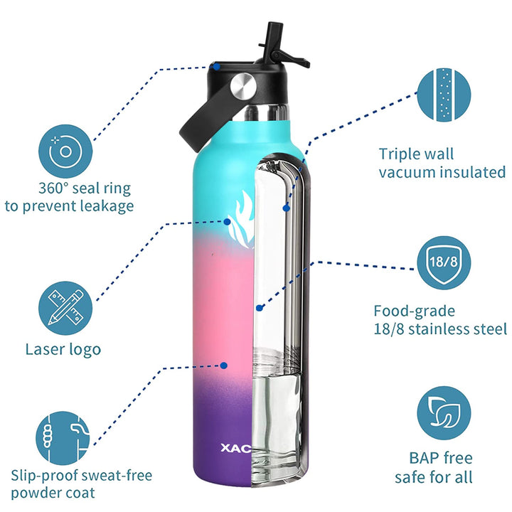 XACIOA Water Bottle Stainless Steel with Straw -for Hot/Cold Drinks 500/750/1000ml Vacuum Insulated Flask Leak Proof Drink Bottle,BPA Free - with 2 Replacement Lid and Straw Brush