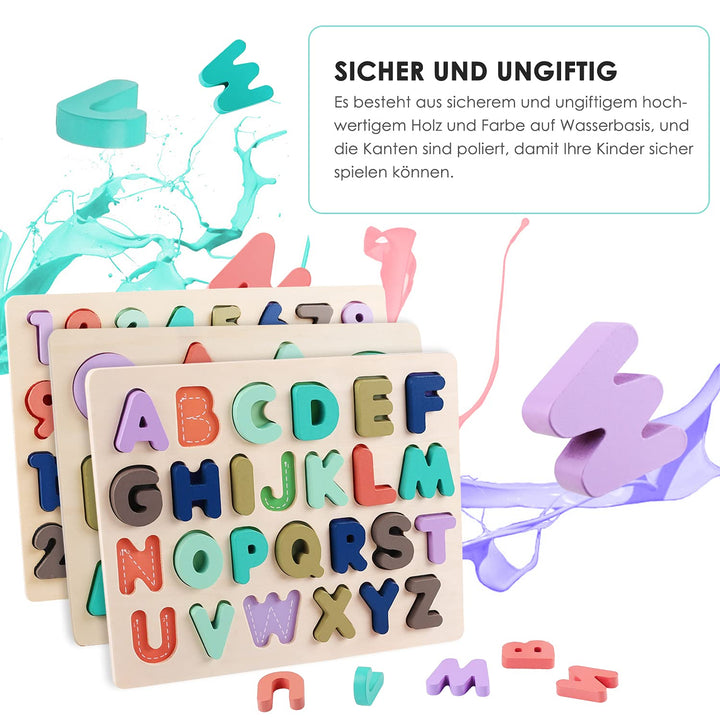 Voamuw Wooden Puzzles for Toddlers, wood Alphabet Number Shape Jigsaw for 3 4 5 Year Old Kids, Montessori Learning Educational Toys Gift for Boys Girls (Set of 3)