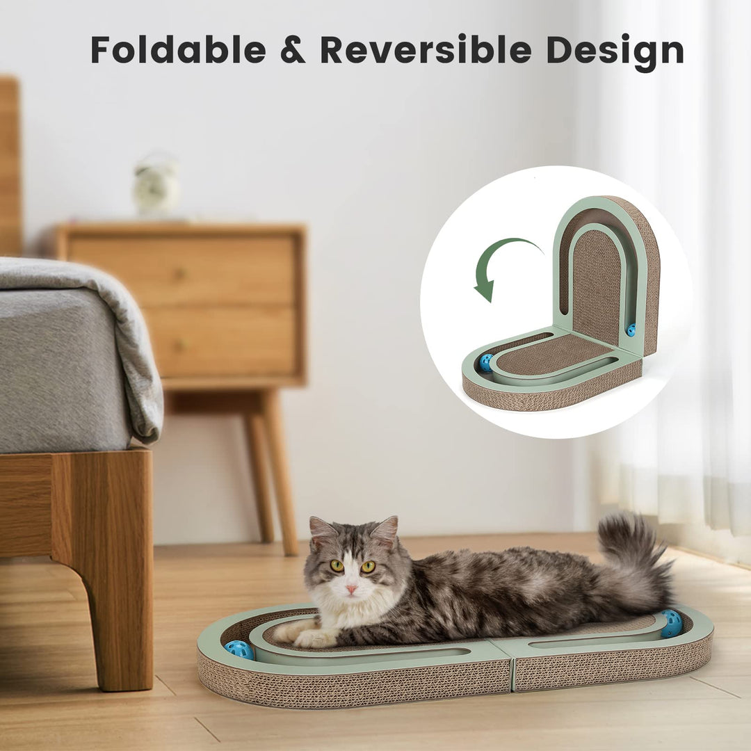 PETTOM Cat Scratcher, Cat Scratching Board with Trackball, Recycle Corrugate Reversible Cat Scratcher Cardboard for Indoor Cats，Foldable Cat Scratch Pad with Interactive Bell Ball Design