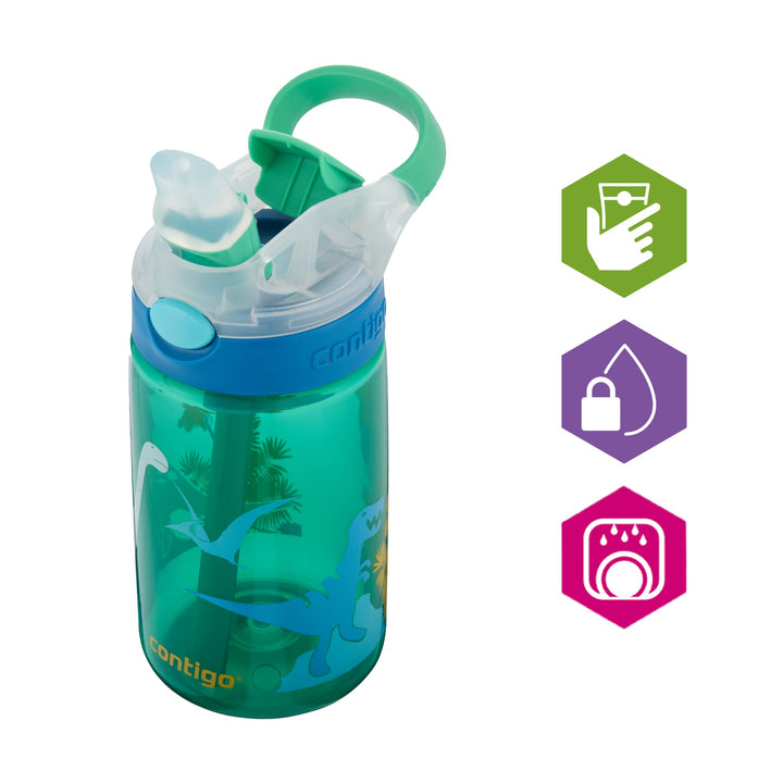 Contigo Kids Water Bottle Gizmo Flip Jungle Green Dino Autospout with Straw, BPA drinks bottle, leak-proof, ideal for kindergarten, school and sports, 420 ml,White