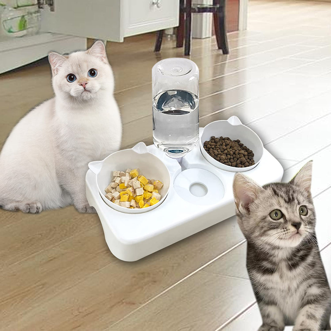 Water and Food Bowls Cat, 3 in 1 Automatic Cat Water Dispenser Cat Food Dispenser Pet Bowls Set 0-8°