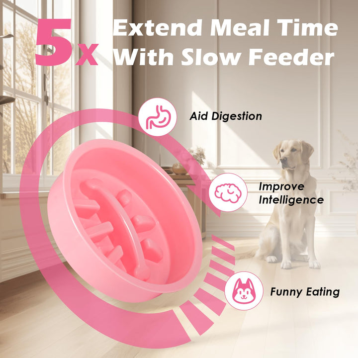 SHAINFUN Pink Raised Dog Bowl Stand with Two 1700ml Stainless Steel Food Bowl, a Slow Dog Feeder and Spill Proof Mat