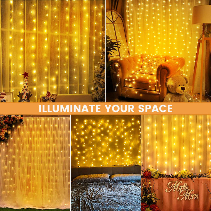 300 LED Curtain Fairy Lights, 3m x 3m, 8 Modes, Warm White