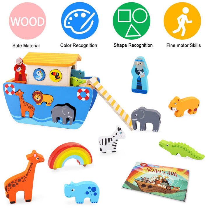KMTJT Toddlers Wooden Noah's Ark Toy Animal Playset, Baptism Gifts for 2 3 Boys Girls, Shape Sorter Early Learning Montessori Toys with Bible Story Book for 24 Months Babies