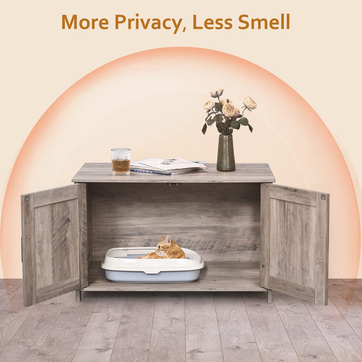 omhedy Cat Litter Box Enclosure,Litter Box Furniture Hidden with Barn Door,Wooden Cat Washroom Furniture,Cat House
