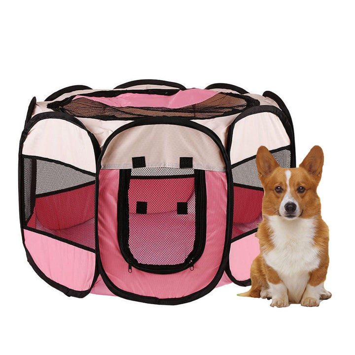 MYKOMI Portable Foldable Pet Playpen + Carrying Bag+Travel Bowl Available Exercise Pet Kennel Indoor/Outdoor Removable Mesh Shade Cover Water Resistant for Dogs/Cats Pink M(35x35x24in)