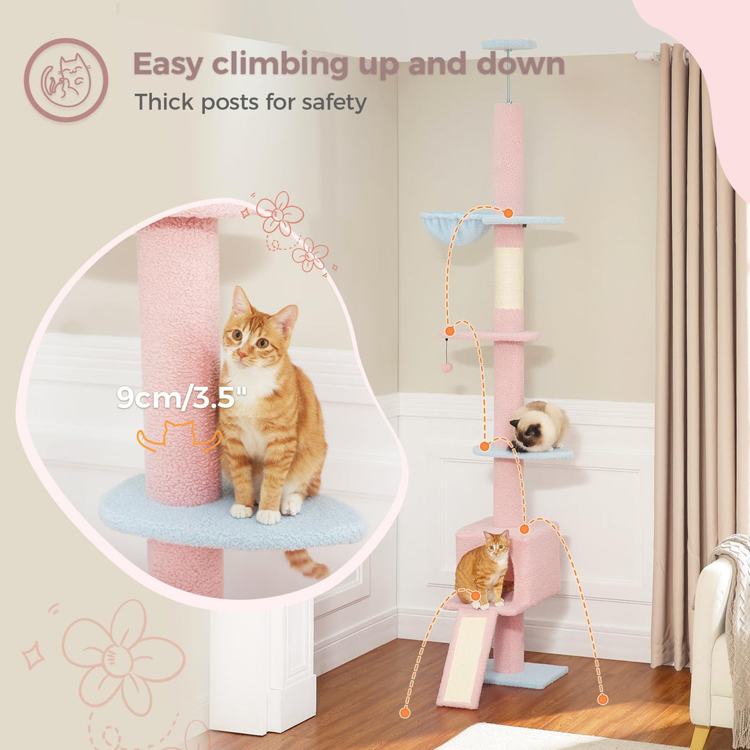 PAWZ Road Flower Cat Tree Floor to Ceiling with Height Adjustable 216cm to 273cm, Cat Tower with Spacious Activity Space
