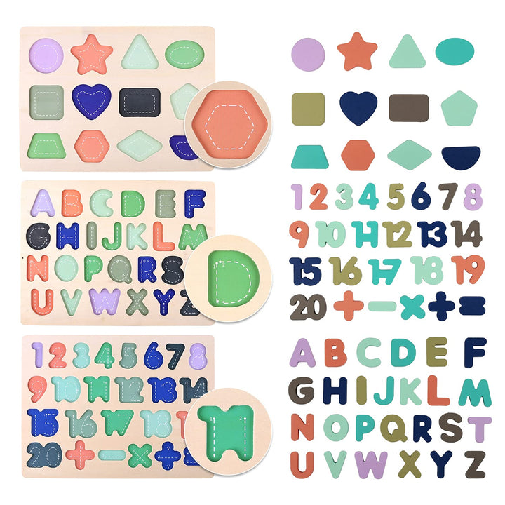 Voamuw Wooden Puzzles for Toddlers, wood Alphabet Number Shape Jigsaw for 3 4 5 Year Old Kids, Montessori Learning Educational Toys Gift for Boys Girls (Set of 3)