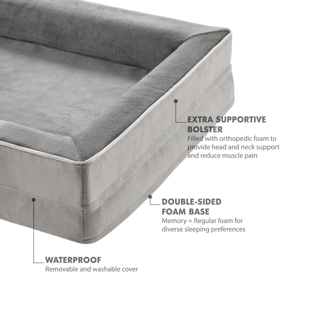 Codi Large Memory Foam Layer Dog Bed, Washable Orthopedic Dog Bed Couch with Removable Zipper Cover, Waterproof Dog Bed Sofa Bed, Grey, 91x68x(7.5+8.9) cm