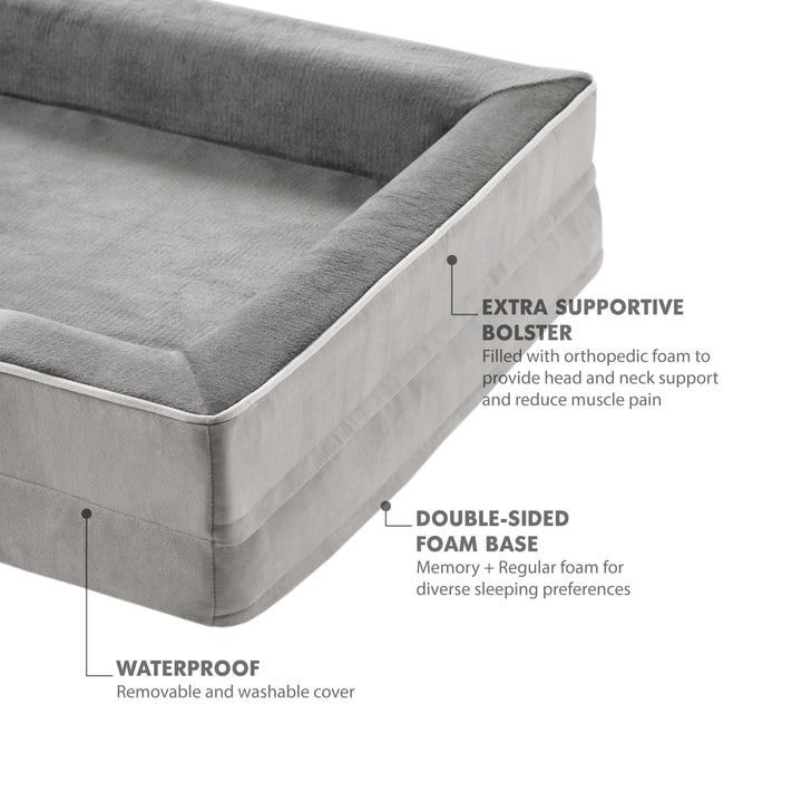 Codi Large Memory Foam Layer Dog Bed, Washable Orthopedic Dog Bed Couch with Removable Zipper Cover, Waterproof Dog Bed Sofa Bed, Grey, 91x68x(7.5+8.9) cm