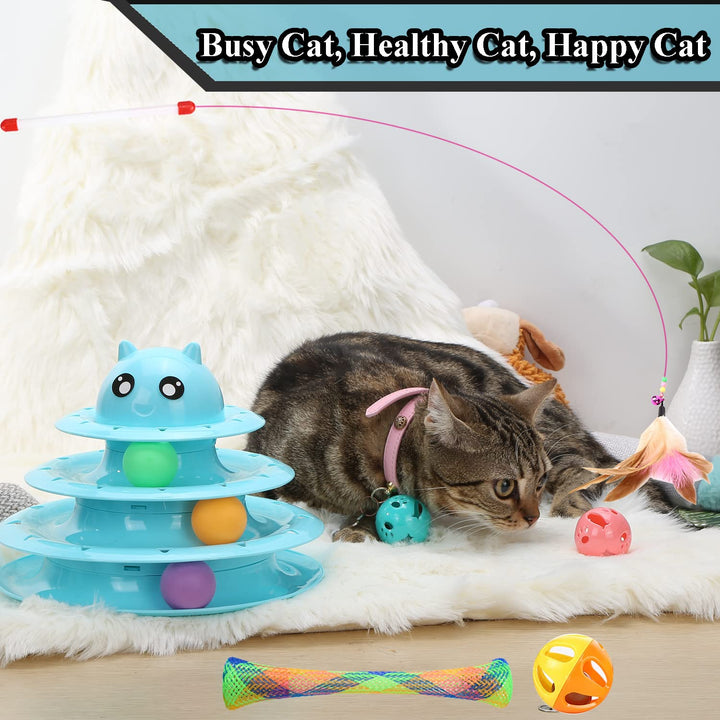 17 Pack Cat Toys Interactive for Indoor Cats Kitten Toy Fun Roller 3 Level Cat Teaser Ball Toys with Cat Feather Wand