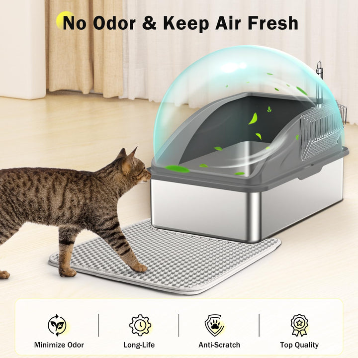 FURTIME Stainless Steel Cat Litter Tray Grey with Detachable Enclosure, 31cm High Sided Cat Litter Box Anti-Spillage and 60cm Extra Large Litter Tray with Lid for All Cats, with Litter Scoop & Mat