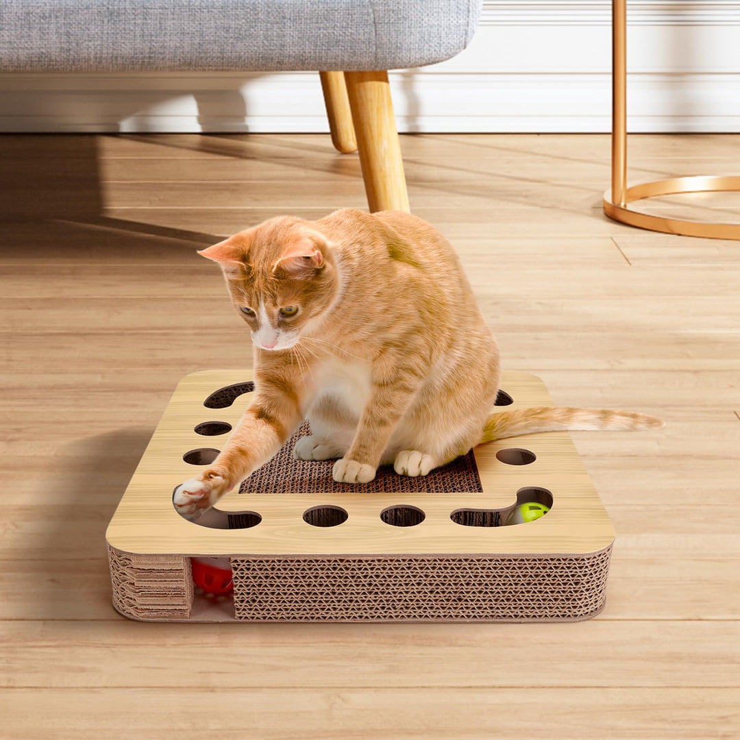 Nobleza Cat Scratcher, High Density Corrugated Cat Scratching Board, Catnip Scratcher Cardboard with 2 Bell Balls, Durable 3 in 1 Scratchers Pad Bed Toy for Indoor Cats, Size 33 * 33 * 5 cm