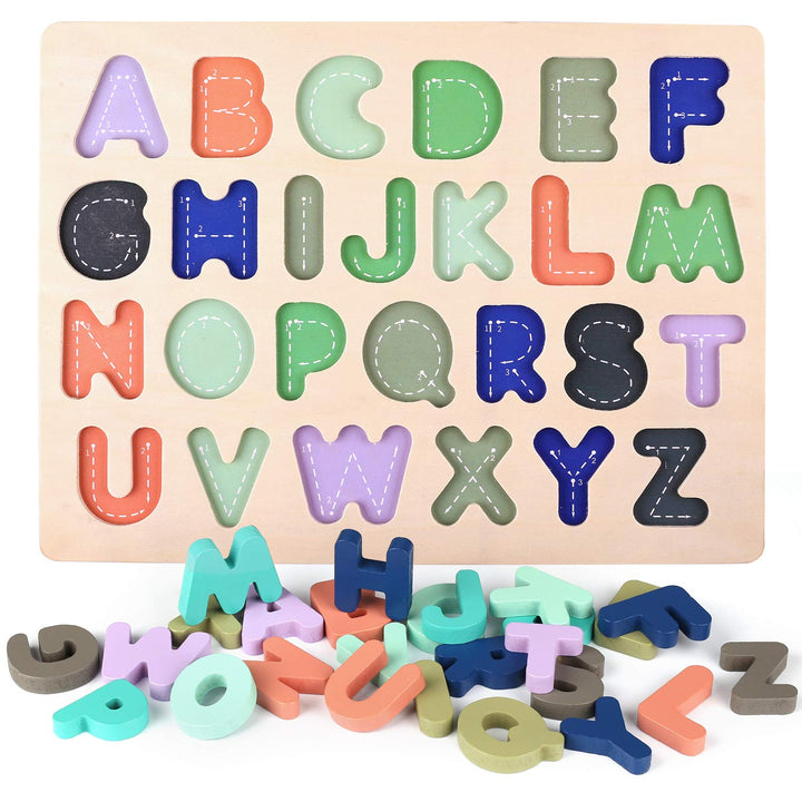 Voamuw Wooden Puzzles for Toddlers, wood Alphabet Number Shape Jigsaw for 3 4 5 Year Old Kids, Montessori Learning Educational Toys Gift for Boys Girls (Set of 3)