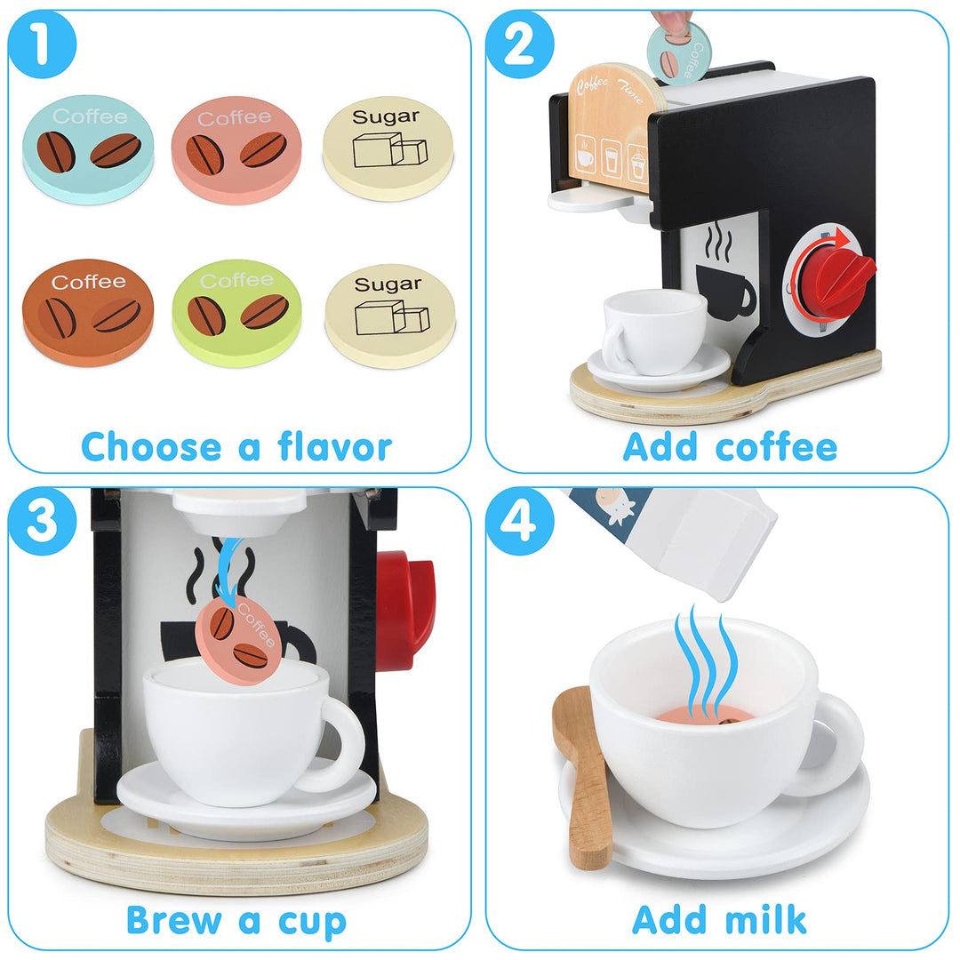 Play Kitchen Accessories Kids Wooden Coffee Maker Toy Espresso Machine Toddler Toy Kitchen Sets for Girls and Boys (black)