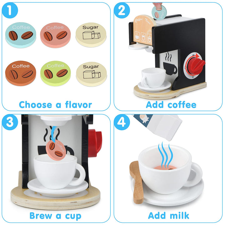 Play Kitchen Accessories Kids Wooden Coffee Maker Toy Espresso Machine Toddler Toy Kitchen Sets for Girls and Boys (black)