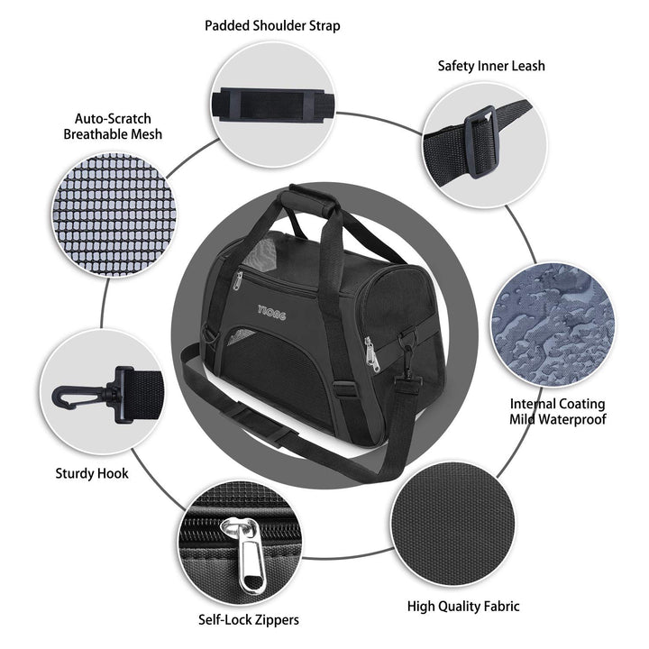 YLONG Cat Carrier Airline Approved Pet Carrier,Soft-Sided Travel for Cats Dogs Puppy Comfort Portable Foldable Bag,Airline (S, BLACK)