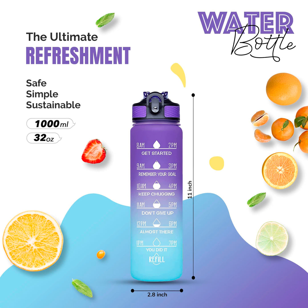 1000ml Motivational Sports Water Bottle with Straw