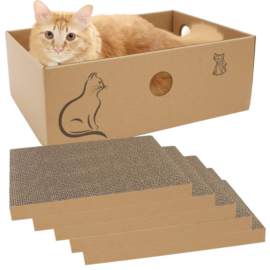 MUAEEOK Cardboard Cat Scratcher with Box, 5 PCS Reversible Cat Scratch Pad Replace for Cat Scratcher