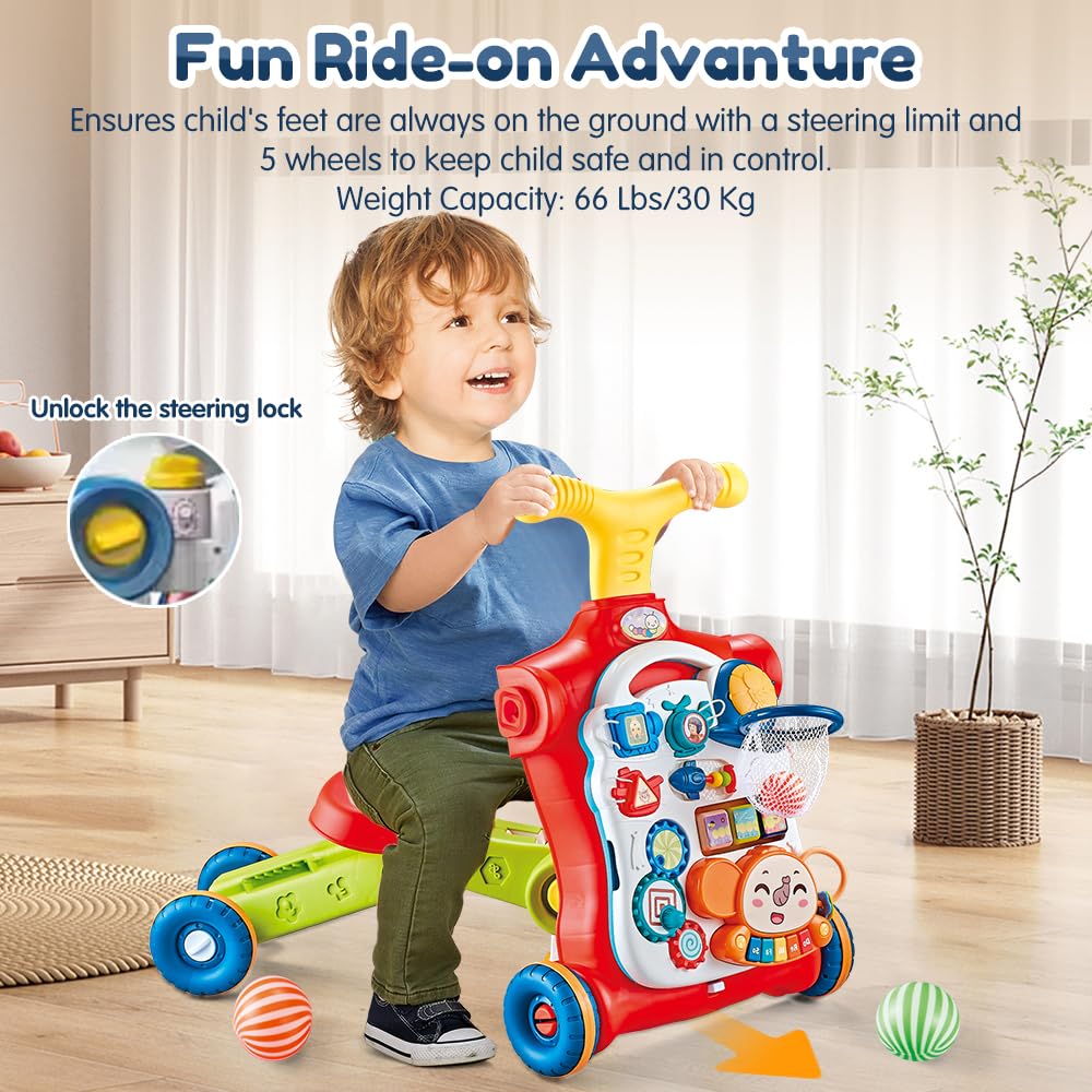 Baby Walker 5 in 1, VATOS Sit-to-Stand Learning Walker, Assemble as Scooter/Balance Bike/Push Walker